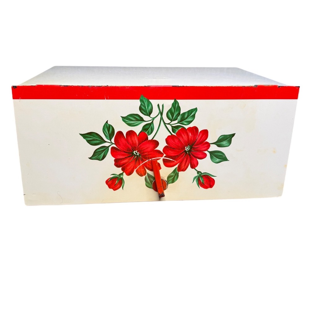 VTG 1950s Metal Bread Box Red Floral Flower Cream Drop Front Vented Decor MCM